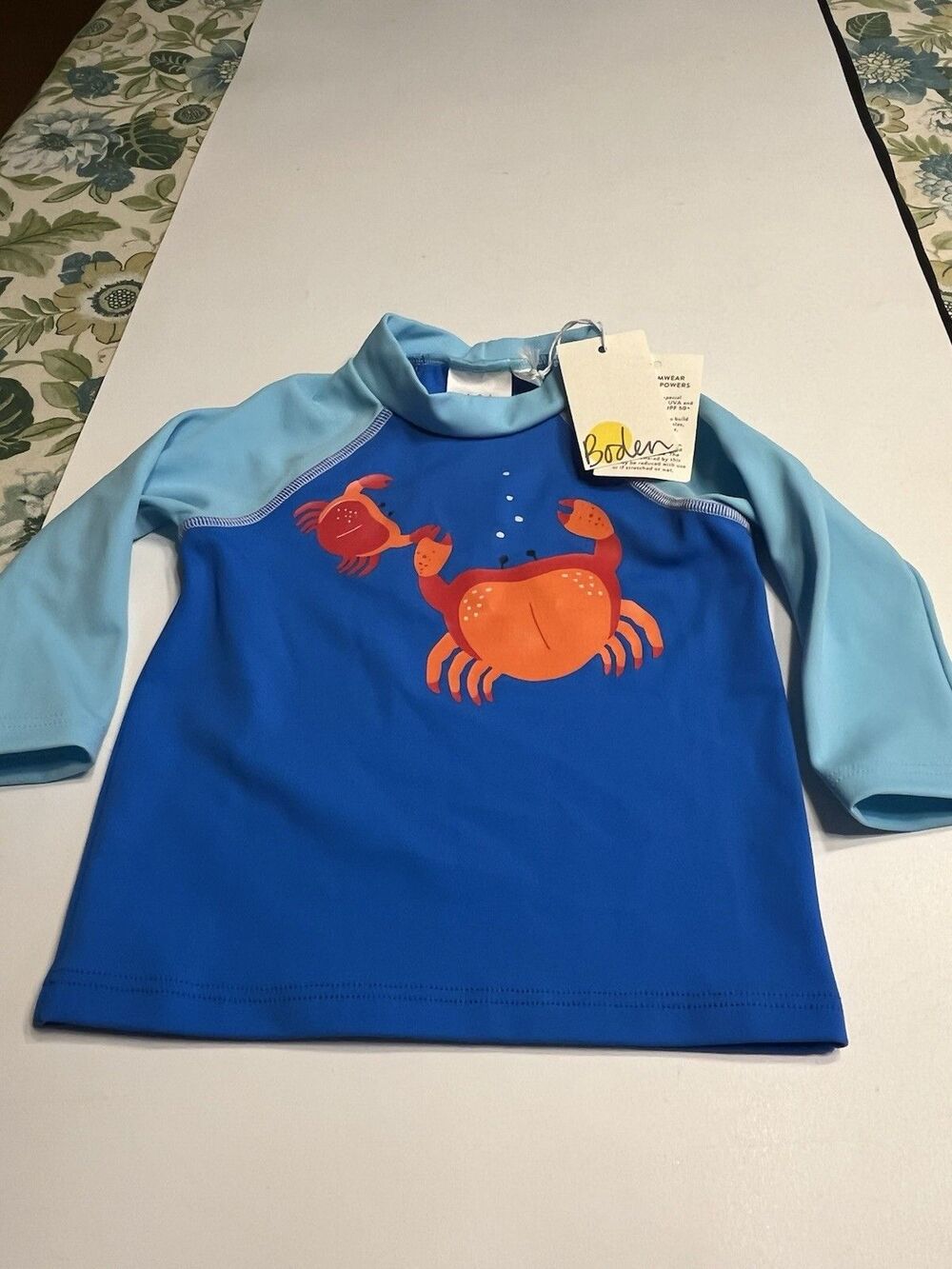 Baby Boden Blue Crab Long Sleeve Swim Shirt Rash Guard UPF 50+ 6-9 months